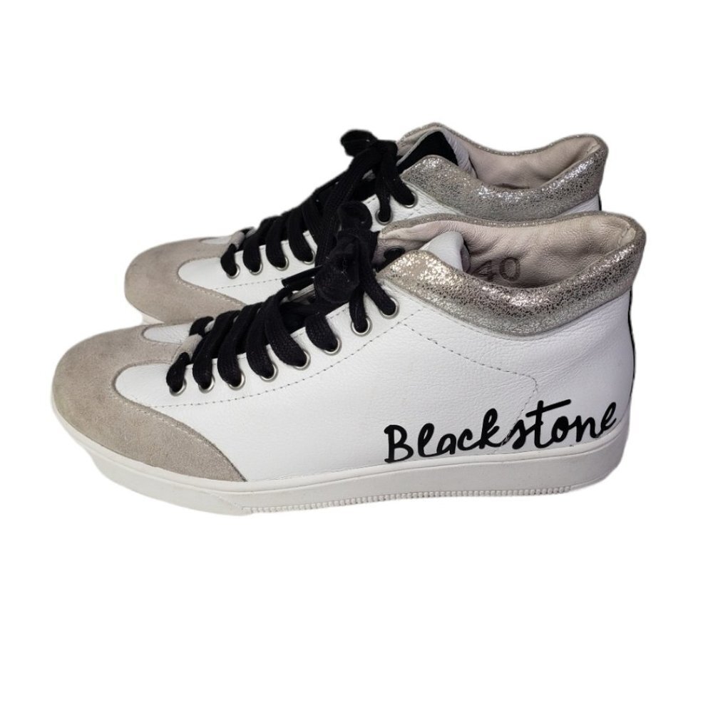 Blackstone RL89 Mid Top Sneaker Sz 40 9 White Logo Metallic Trim Bootie Shoes